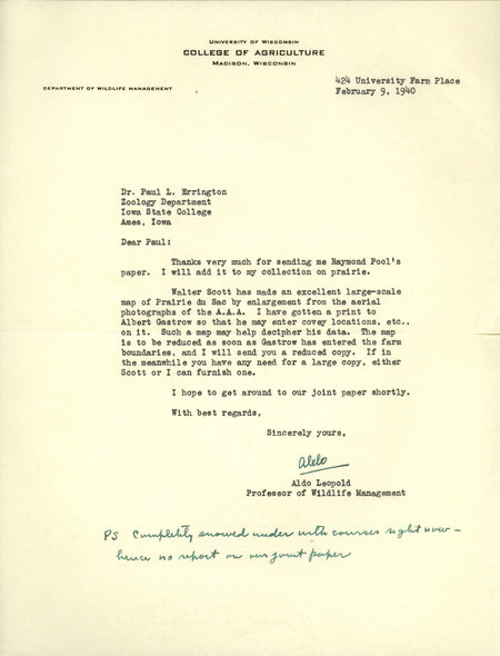 Aldo Leopold letter to Paul Errington, February 9, 1940