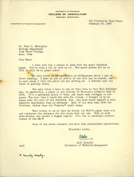 Aldo Leopold letter to Paul Errington, February 23, 1940