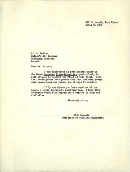 Aldo Leopold letter to Butler, April 2, 1940