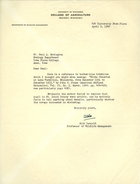 Aldo Leopold letter to Paul Errington, April 2, 1940
