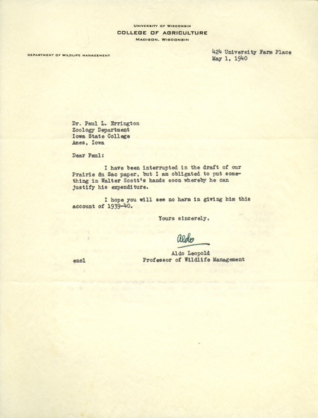 Aldo Leopold letter to Paul Errington, May 1, 1940