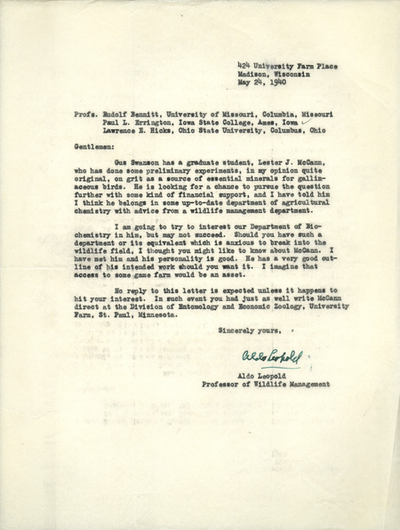 Aldo Leopold letter to Paul Errington, May 24, 1940