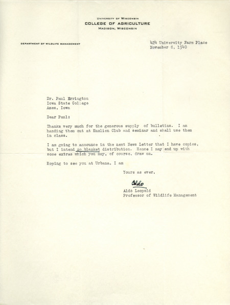 Aldo Leopold letter to Paul Errington, November 8, 1940