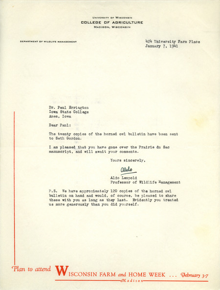 Aldo Leopold letter to Paul Errington, January 7, 1941