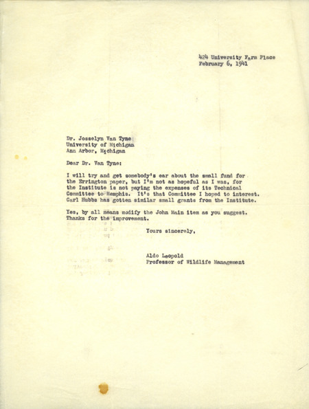 Aldo Leopold letter to Van Tyne, February 6, 1941