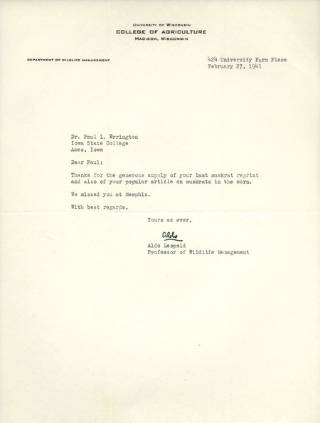 Aldo Leopold letter to Paul Errington, February 27, 1941