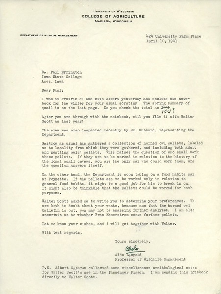 Aldo Leopold letter to Paul Errington, April 10, 1941
