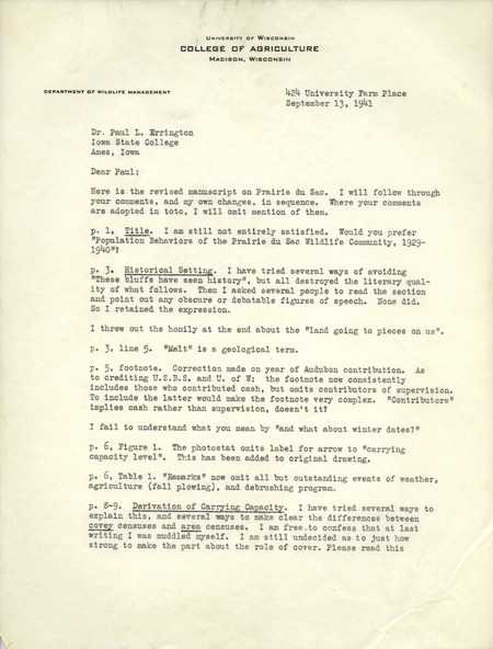 Aldo Leopold letter to Paul Errington, September 13, 1941