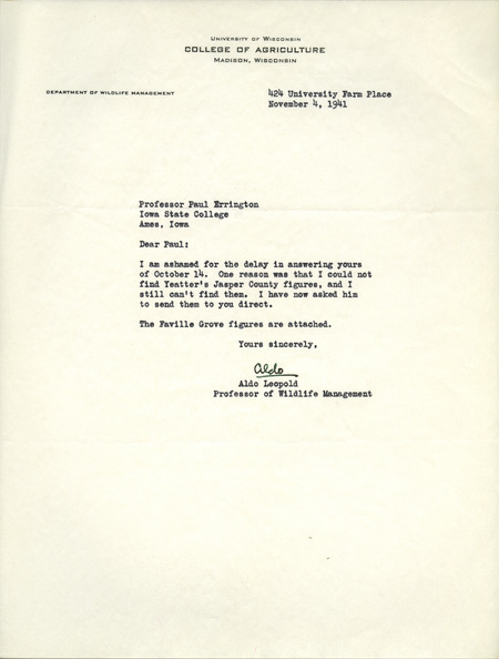 Aldo Leopold letter to Paul Errington, November 4, 1941