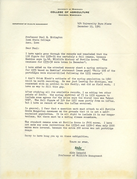Aldo Leopold letter to Paul Errington, December 15, 1941