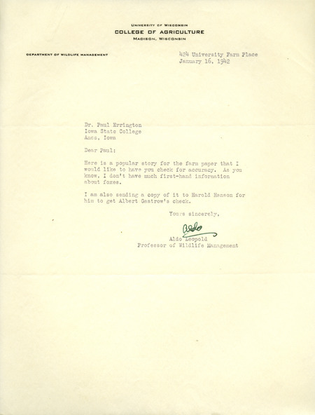 Aldo Leopold letter to Paul Errington, January 16, 1942
