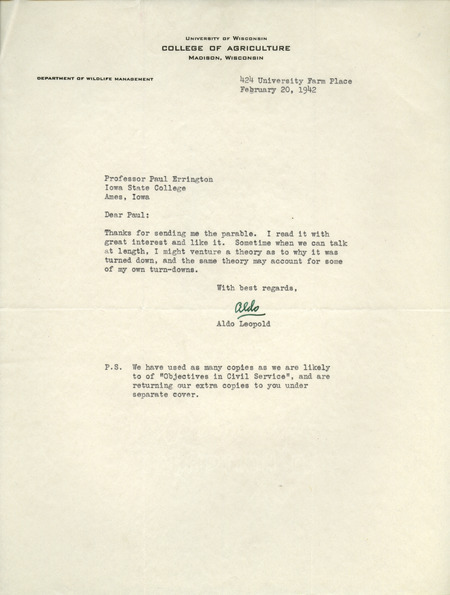 Aldo Leopold letter to Paul Errington, February 20, 1942