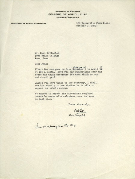 Aldo Leopold letter to Paul Errington, October 2, 1942
