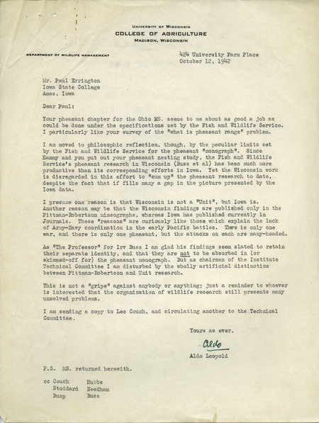Aldo Leopold letter to Paul Errington, October 12, 1942