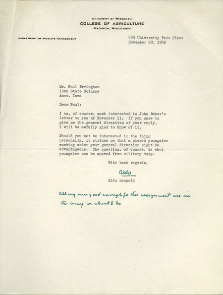 Aldo Leopold letter to Paul Errington, November 20, 1942
