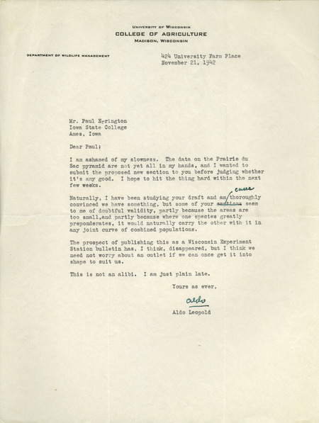Aldo Leopold letter to Paul Errington, November 21, 1942