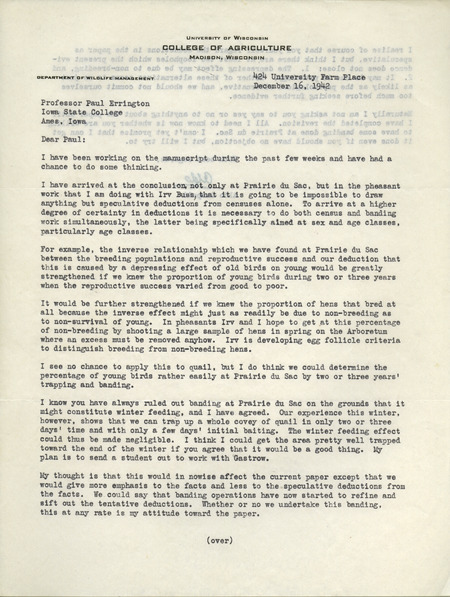 Aldo Leopold letter to Paul Errington, December 16, 1942
