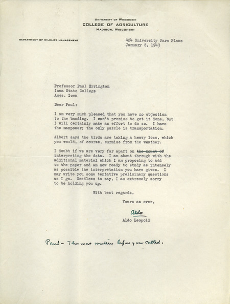 Aldo Leopold letter to Paul Errington, January 8, 1943