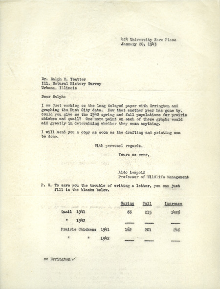 Aldo Leopold letter to Yeatter, January 20, 1943