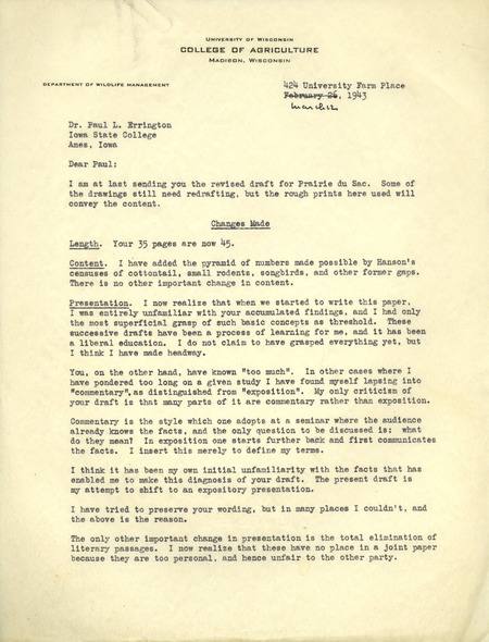 Aldo Leopold letter to Paul Errington, March 12, 1943