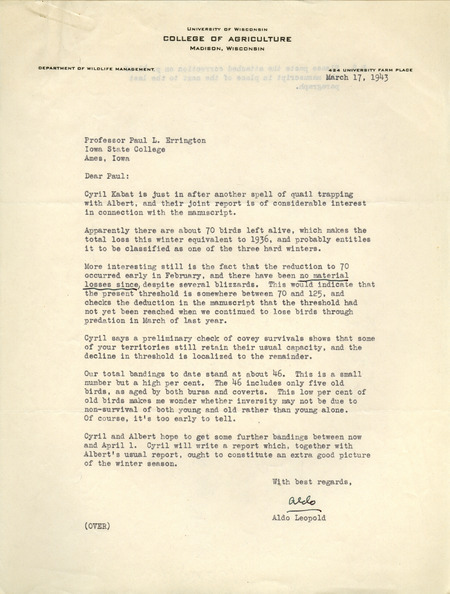 Aldo Leopold letter to Paul Errington, March 17, 1943