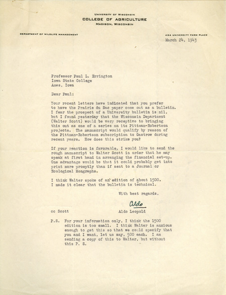 Aldo Leopold letter to Paul Errington, March 24, 1943