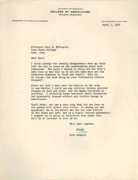 Aldo Leopold letter to Paul Errington, April 7, 1943