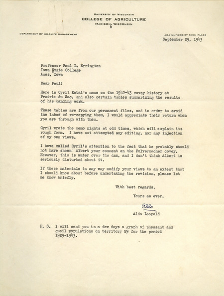 Aldo Leopold letter to Paul Errington, September 29, 1943