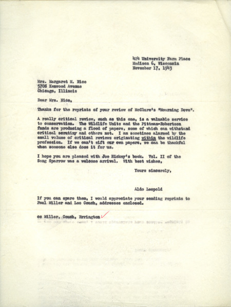 Aldo Leopold letter to Nice, November 17, 1943