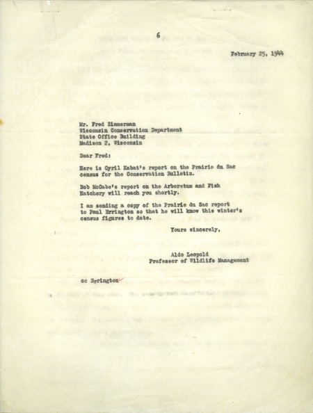 Aldo Leopold letter to Zimmerman, February 25, 1944