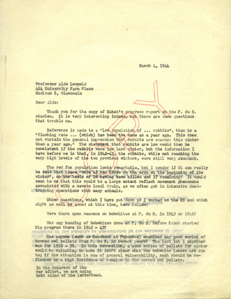 Paul Errington letter to Aldo Leopold, March 4, 1944