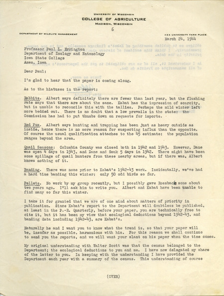 Aldo Leopold letter to Paul Errington, March 24, 1944