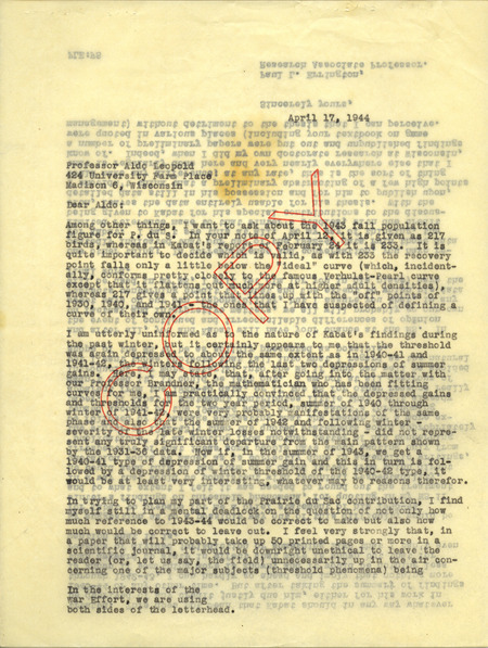 Paul Errington letter to Aldo Leopold, April 17, 1944