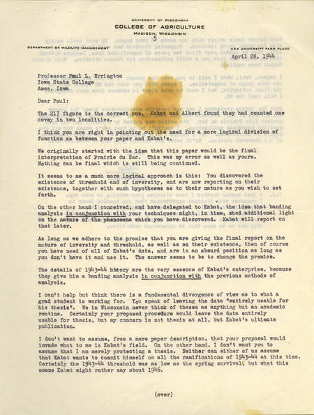 Aldo Leopold letter to Paul Errington, April 28, 1944