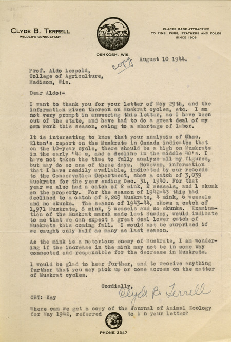 Letter from Terrell to Aldo Leopold, August 10, 1944