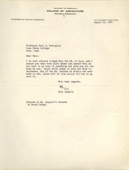 Aldo Leopold letter to Paul Errington, August 19, 1944