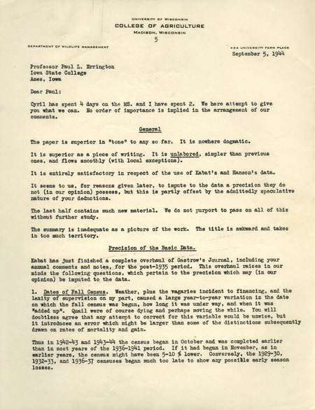 Aldo Leopold letter to Paul Errington, September 5, 1944