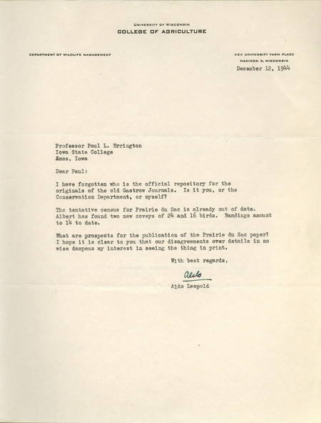 Aldo Leopold letter to Paul Errington, December 12, 1944