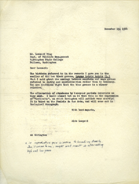 Aldo Leopold letter to Wing, December 19, 1944