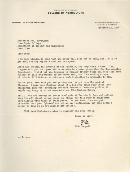 Aldo Leopold letter to Paul Errington, December 22, 1944