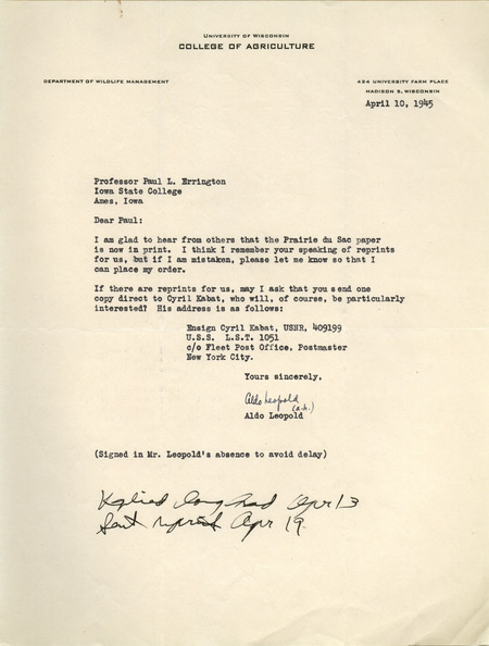 Aldo Leopold letter to Paul Errington, April 10, 1945