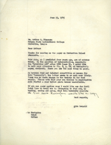 Aldo Leopold letter to Einarsen, June 23, 1945