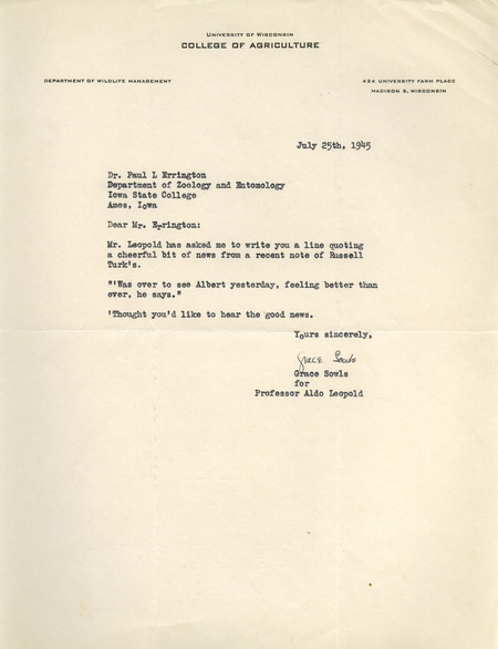 Aldo Leopold letter to Paul Errington, July 25, 1945