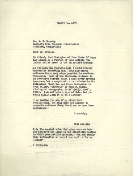 Aldo Leopold letter to Bromley, August 31, 1945