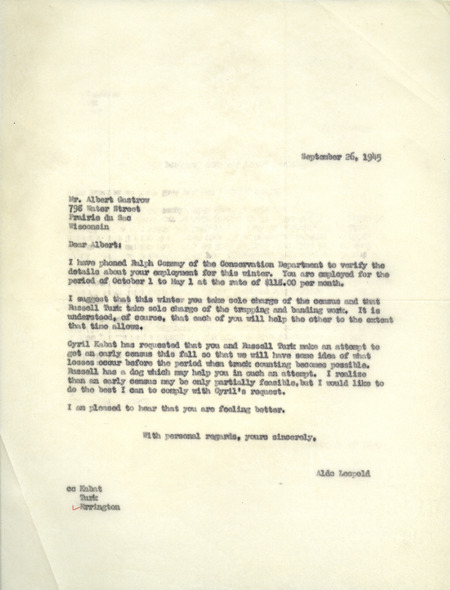 Aldo Leopold letter to Gastrow, September 26, 1945