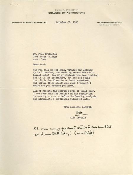 Aldo Leopold letter to Paul Errington, November 20, 1945