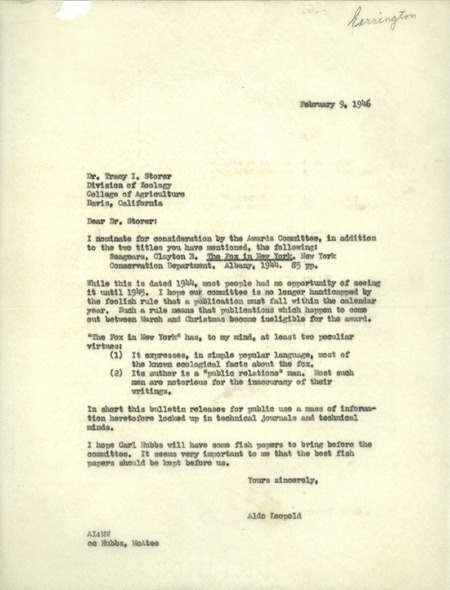 Aldo Leopold letter to Storer, February 9, 1946