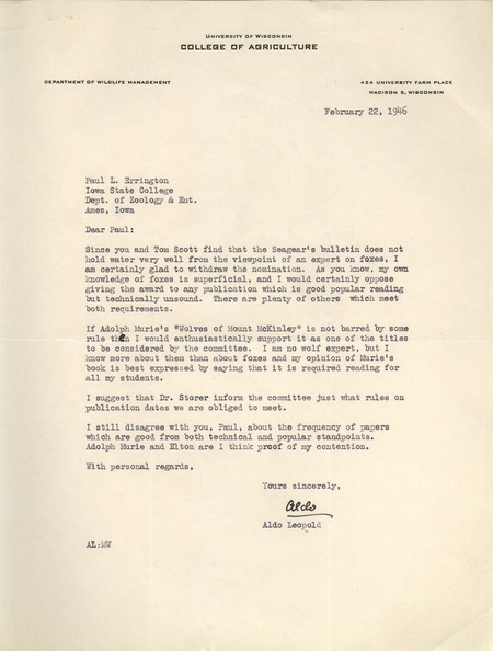 Aldo Leopold letter to Paul Errington, February 22, 1946