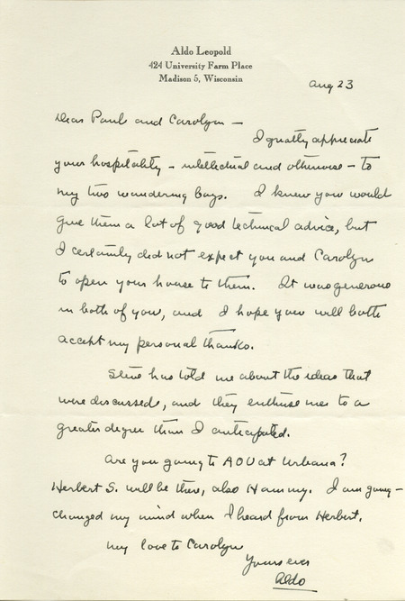 Aldo Leopold letter to Paul Errington, August 23, 1946