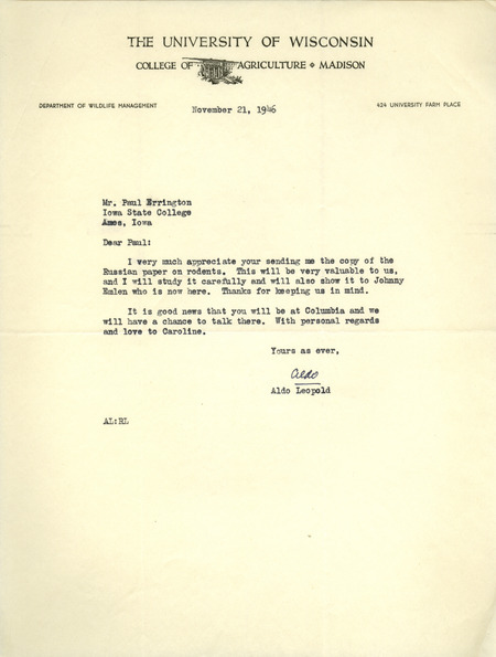 Aldo Leopold letter to Paul Errington, November 21, 1946